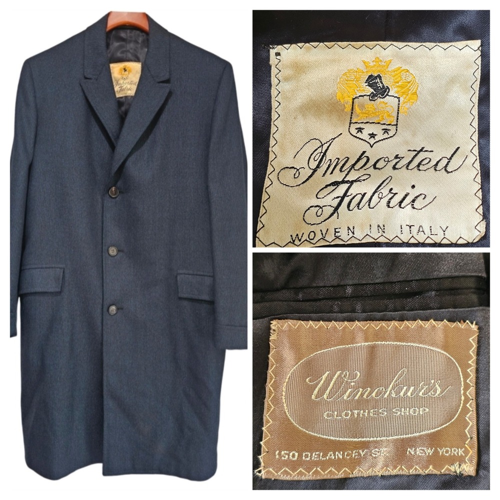 Winokur's Vintage Italian Fabric Overcoat Mens L Navy Blue Good Union Made Coat